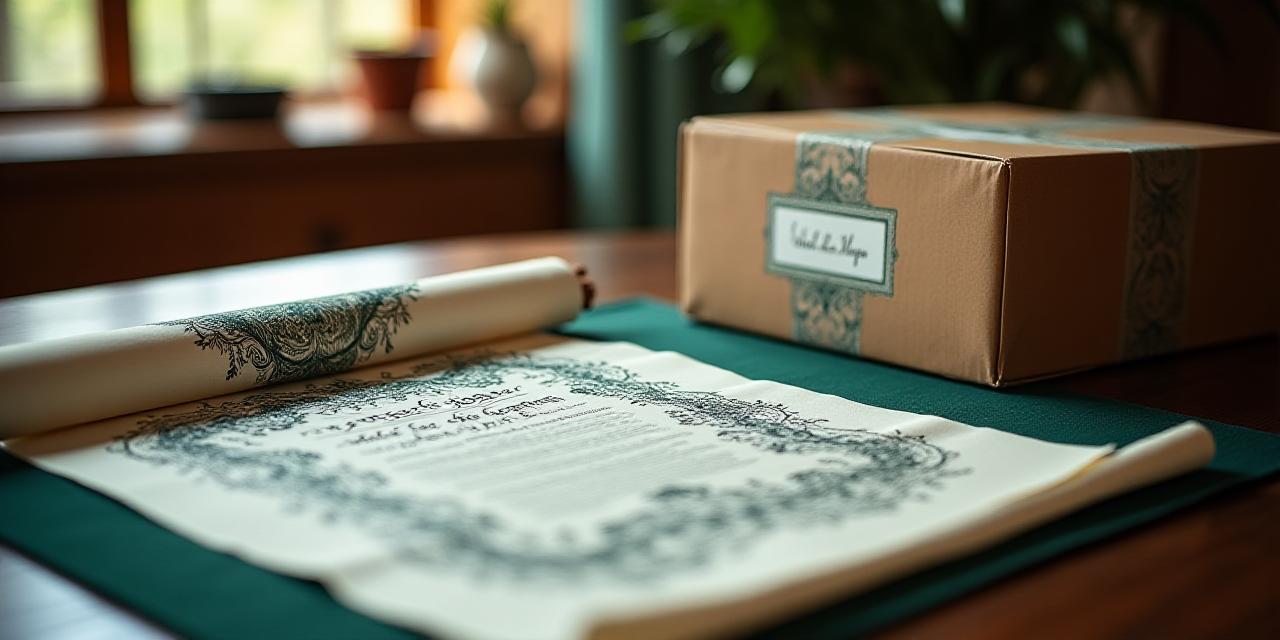 Elegant calligraphy scroll next to a modern shipping crate with personalized labels