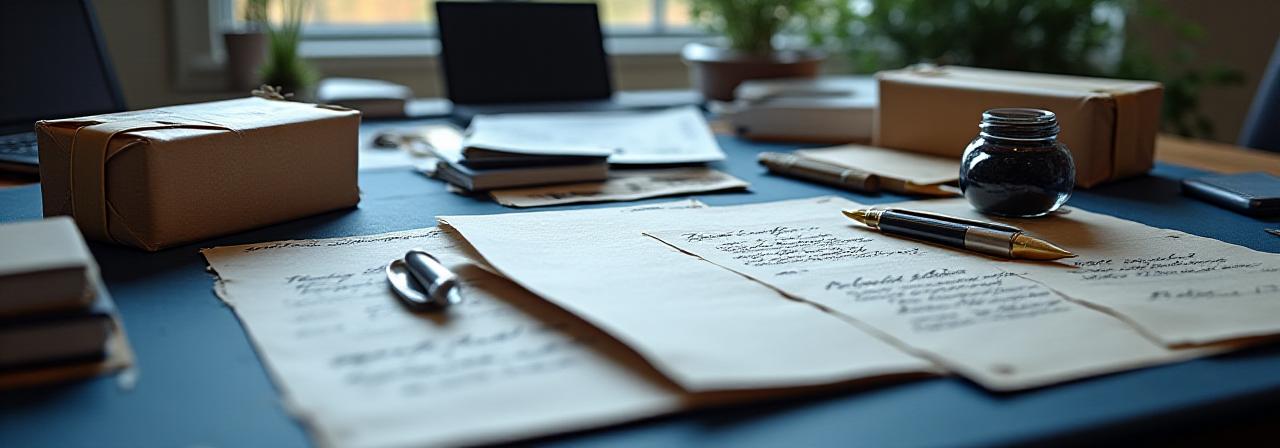 Craftsman desktop with calligraphy tools and shipping boxes